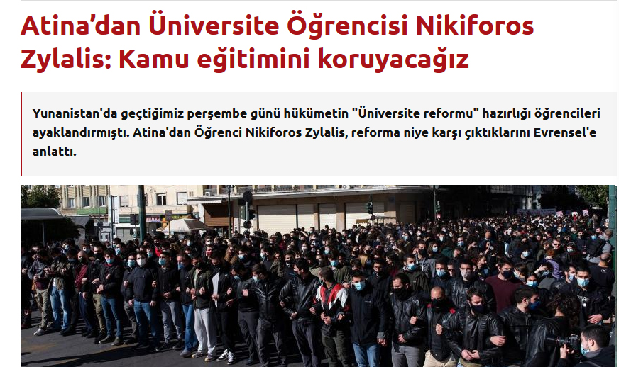 nKA: Interview about Greek anti-governmental struggles about education in Turkish newspaper Evrensel